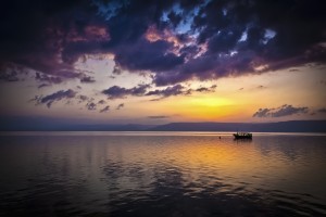 A calm settles on the Sea of Galilee, just after a storm; Galilee, Israel