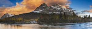 Panoramic scenic of Mt. Sukakpak at sunset along the Middle Fork of the Koyukuk River in the Brooks Range, Arctic Alaska, Autumn