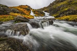 A stream flows past on the West Fjords on its way to the ocean; Iceland