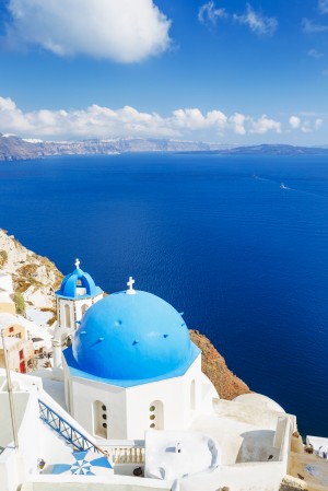 Santorini Island, Greece, Beautiful View of Blue Ocean and Traditional Dome Church Architecture