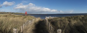 Path lined with wooden posts and tall grass at the coast, Herd Groyne Lighthouse in the distance; South Shields, Tyne and Wear, England