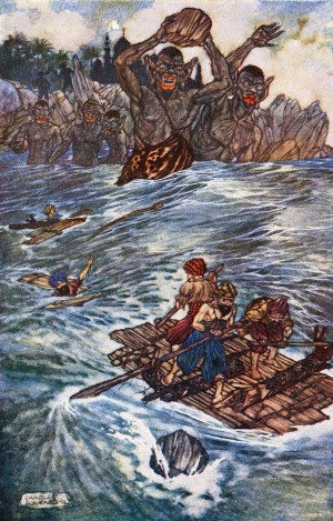 The Third Voyage of Sinbad the Sailor. Illustration by Charles Folkard from the book The Arabian Nights published 1917