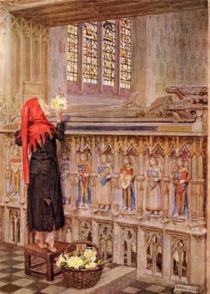 Coloured illustration by Eleanor Fortescue Brickdale illustrating the poem Death the Leveller by Shirley. From the book Palgrave's Golden Treasury of Songs and Lyrics published 1919.