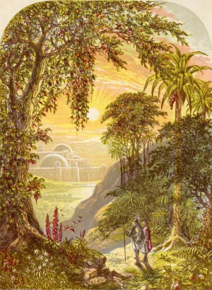 Christian and Hopeful in the land of Beulah. Illustration by A.F.Lydon. From the book The Pilgrims Progress by John Bunyan published c.1880.