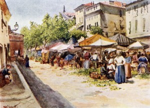 The Vegeatable Market, Nice, France. Colour illustration from the book France by Gordon Home published 1918