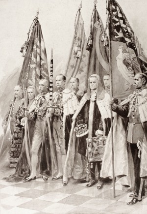The Standard Bearers of George V during his coronation ceremony in 1910. From left to right, Mr. Frank S. Dymoke, the king's champion bearer of the Standard of England, Sir. Samuel Walker, Lord Chancellor of Ireland, Earl Carrington, The Earl of Crewe, be