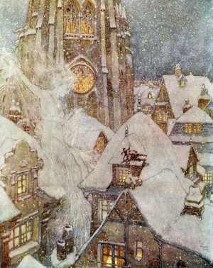 Many a winter's night she flies through the streets and peeps in at the windows, and then the ice freezes on the panes into wonderful patterns like flowers. Illustration by Edmund Dulac for The Snow Queen.  From Stories from Hans Andersen, published 1938.
