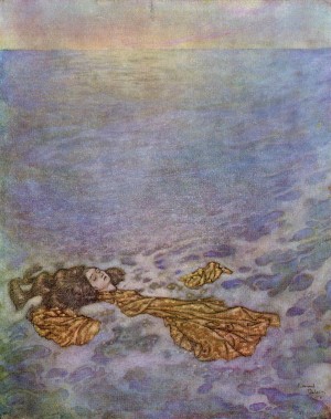 Once more she looked at the prince, with her eyes already dimmed by death, then dashed overboard and fell, her body dissolving into foam.  Illustration by Edmund Dulac for The Mermaid.  From Stories from Hans Andersen, published 1938.