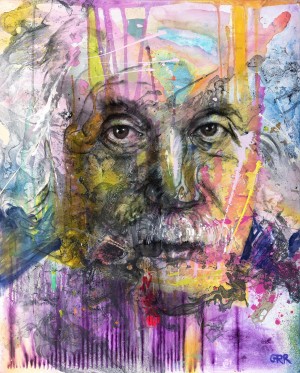Illustration of a man's face with colourful abstract patterns surrounding it