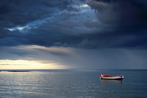 Sunderland, Tyne And Wear, England; Empty Boat Floating In The North Sea