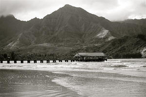 Hawaii, Kauai, Hanalei Bay And Pier At Sunset, Black And White.