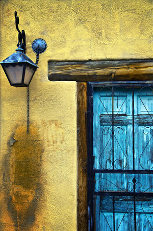 Walls And Details I, New Mexico, Details Of Old Blue Door And Yellow Wall.