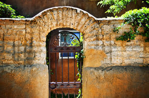 New Mexican Doors, New Mexico, Details Of Old Stone Doorway And Garden.