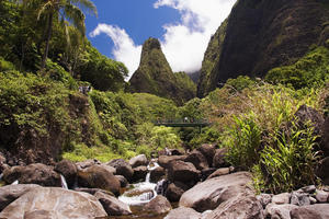 Hawaii, Maui, View Of Iao Needle With Stream, Blue Sky, Clouds