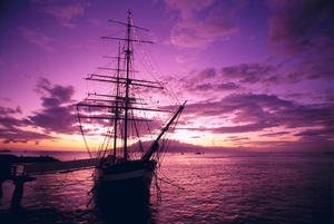 Hawaii, Maui, Lahaina Harbor, Carthaginian Tall Ship At Sunset, Silhouetted Pink And Yellow Sky A46A