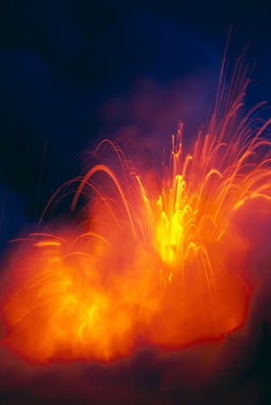 Hawaii, Big Island, Hawaii Volcanoes National Park, Lava Exploding As Flow Hits Ocean, Nighttime A28G