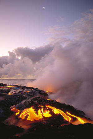 Hawaii, Big Island, Hawaii Volcanoes National Park, Sunrise At Ocean Front With Lava Flow, Smoky Skies