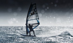Windsurfing With Water Drops On Camera Lens; Tarifa, Cadiz, Andalusia, Spain