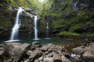 Hawaii, Maui, Hana, The three Waikani Falls with a clear blue pond on The Road To Hana
