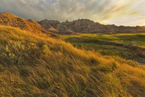 Sunset over the landscape of badlands national park; south dakota united states of america