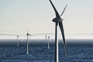 Digital composite of wind turbines on the water;Tarifa cadiz andalusia spain