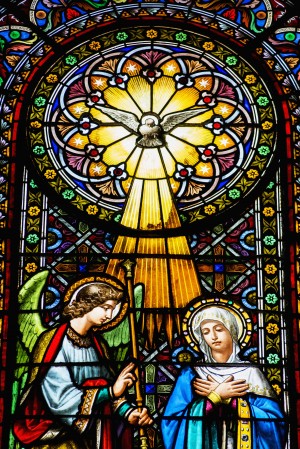 Colourful stained glass windows in the Benedictine Abbey; Montserrat, Catalonia, Spain