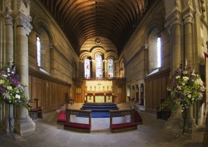 Stained glass window at the alter of a church; Helmsley, North Yorkshire, England