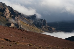 Morning clouds begin to burn off of Haleakala National Park; Maui, Hawaii, United States of America