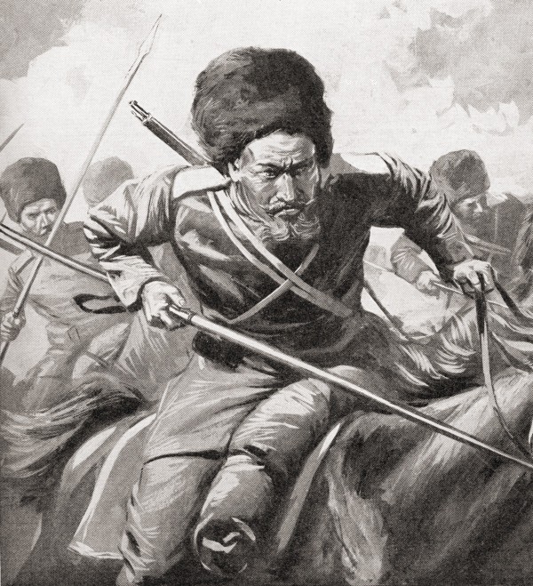 Russian Cossacks during WWI.  From The War Illustrated Album Deluxe, published 1915. Print