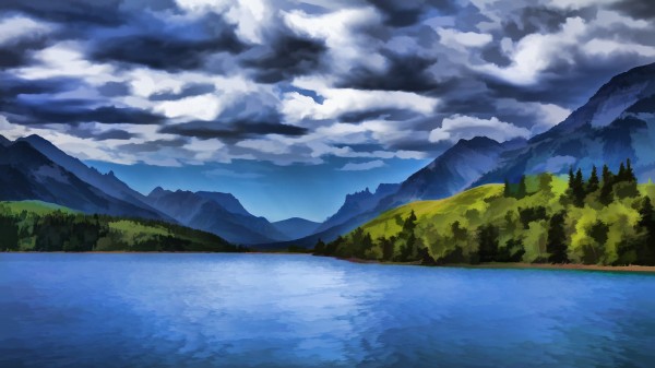 Painting of a lake and mountains in Waterton Lakes National park; Alberta, Canada by PacificStock