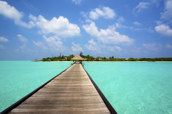 Jetty with cabana over crystal clear turquoise sea, Maldives by PacificStock