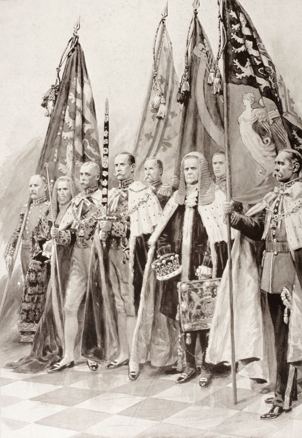 The Standard Bearers of George V during his coronation ceremony in 1910. From left to right, Mr. Frank S. Dymoke, the king's champion bearer of the Standard of England, Sir. Samuel Walker, Lord Chancellor of Ireland, Earl Carrington, The Earl of Crewe, be by PacificStock