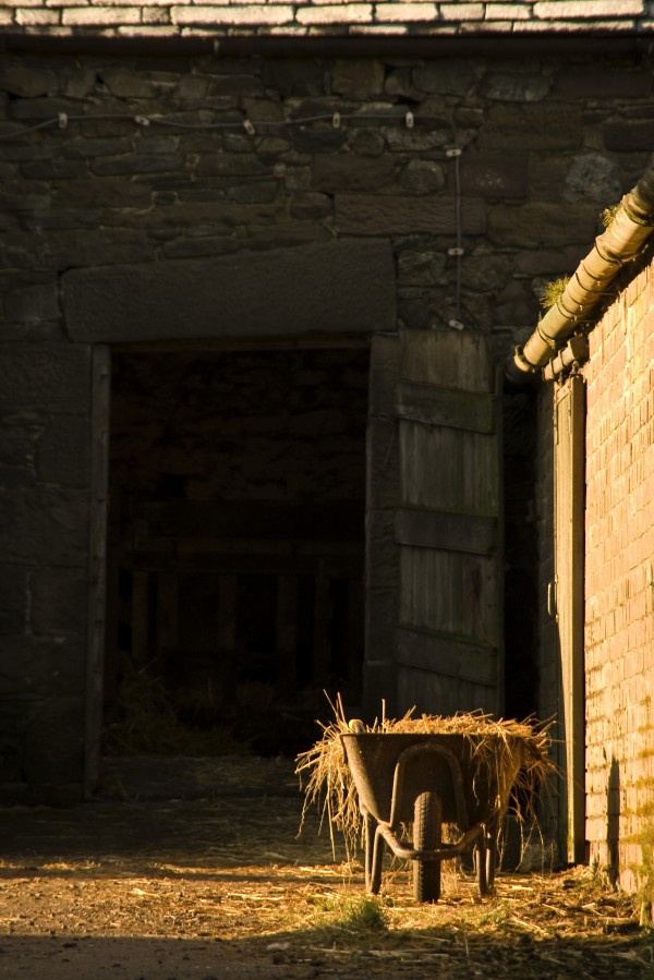 Wheelbarrow Beside A Barn by PacificStock