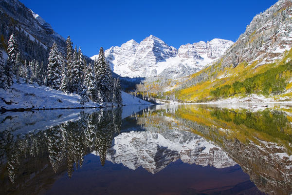 USA, Colorado, Early Snow; Near Aspen, Landscape Of Maroon Lake And Maroon Bells In Distance by PacificStock