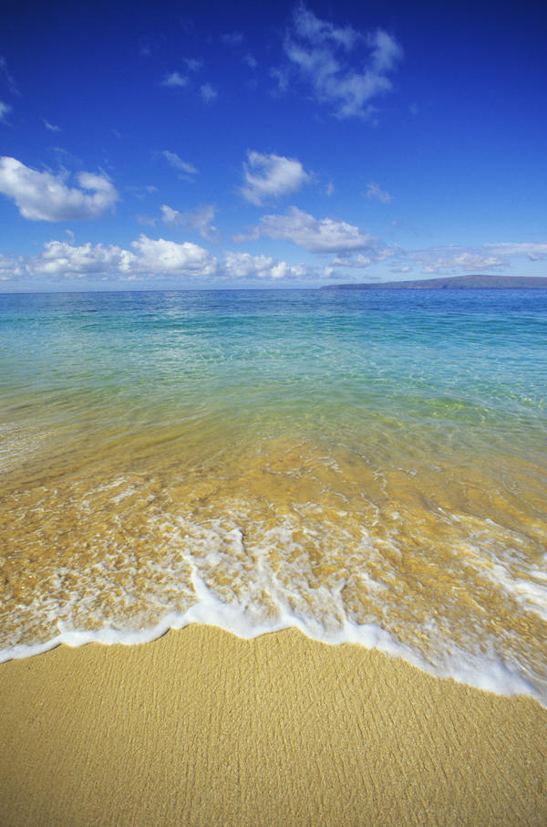 Hawaii, Maui, Makena Beach, Closeup Of Textured Foamy Shoreline, Calm Turquoise Ocean. by PacificStock