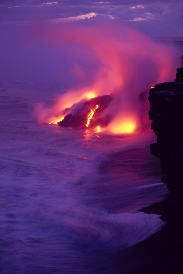 Hawaii, Big Island, Volcano Lava Meets The Sea, Steam Rising, Twilight A28E by PacificStock