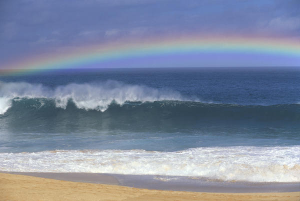 Rainbow Over Shore Break Beach Foreground, Horizon And Blue Sky With Clouds A21E by PacificStock