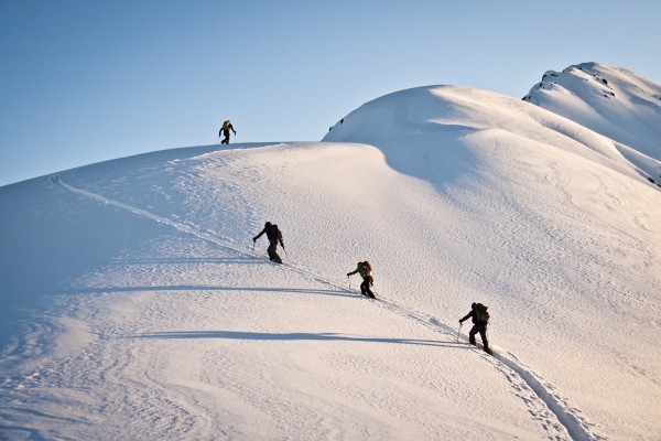 Group Of Backcountry Skiiers Skinning Up A Rail On Cornbiscuit, Turnagain Pass, Kenai Mountains, Winter In Southcentral Alaska by PacificStock