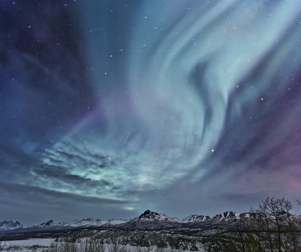 Composite Northern Lights (Aurora Borealis) Over The Talkeetna Mountains On A Sub-Zero Clear Evening, Southcentral Alaska, Winter by PacificStock