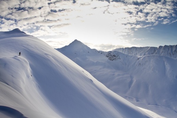 Man Backcountry Skiing In Powder Snow At Wolverine Bowl, Turnagain Pass, Kenai Mountains, Southcentral Alaska, Winter by PacificStock