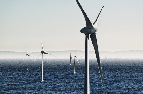 Digital composite of wind turbines on the water;Tarifa cadiz andalusia spain by PacificStock