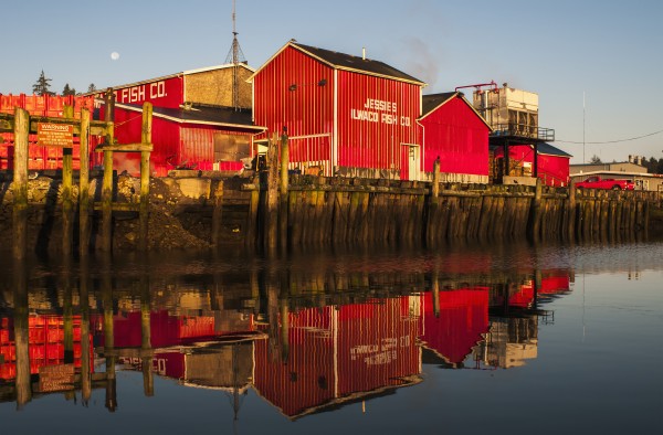 The fishing plant reflected in the Columbia River at the port of Ilwaco; Ilwaco, Washington, United States of America by PacificStock