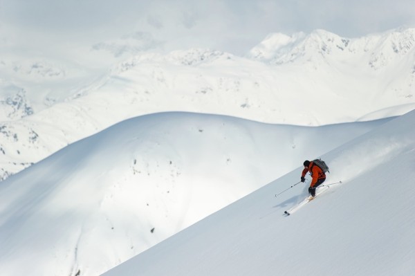 Man skiing the west face of Peak 3720, Turnagain Arm, Chugach Mountains, Southcentral Alaska by PacificStock
