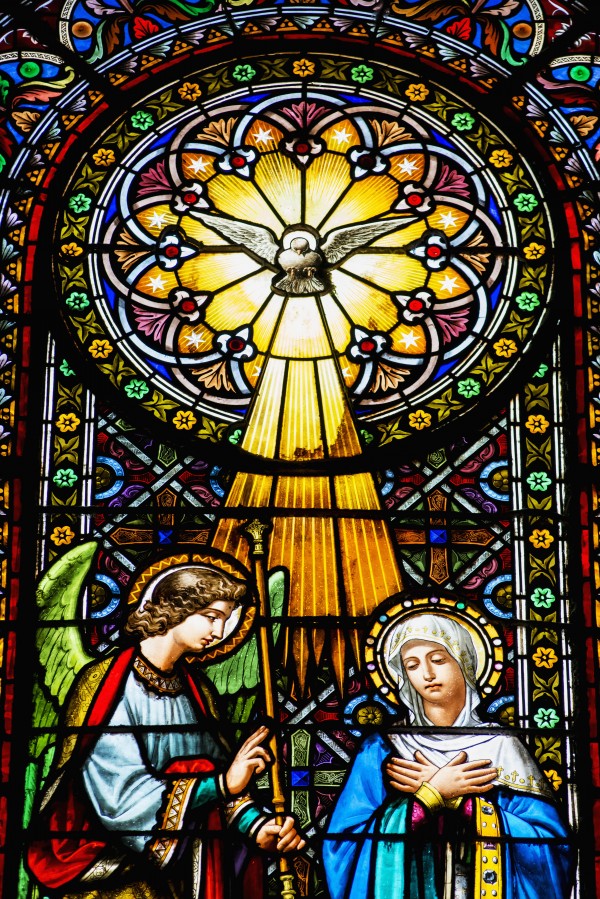 Colourful stained glass windows in the Benedictine Abbey; Montserrat, Catalonia, Spain Print