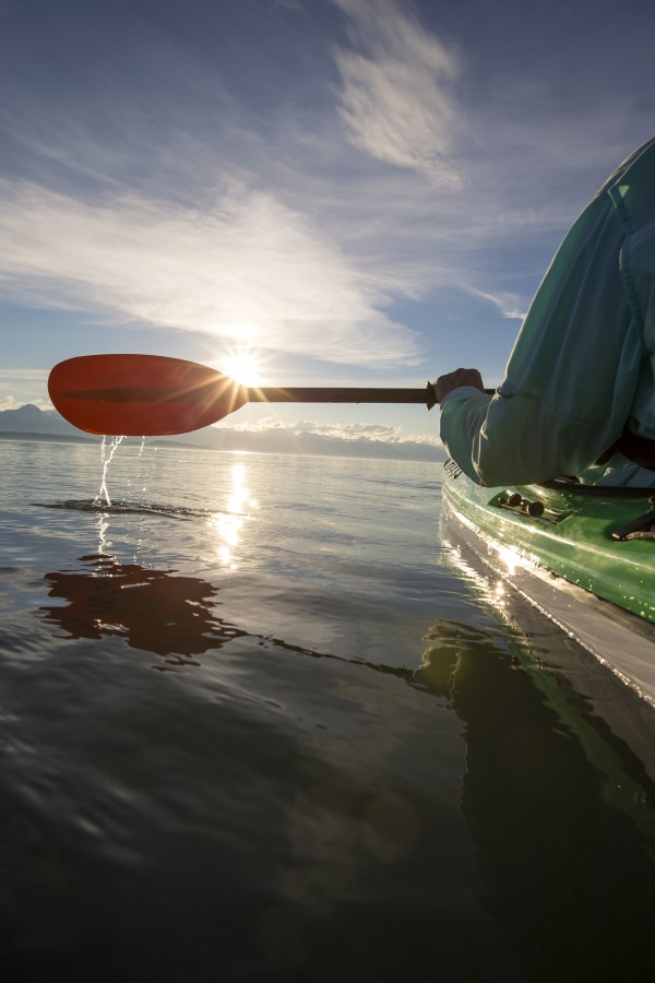 Evening sea kayaking in Lynn Canal near Eagle Beach State Recreation Area, Juneau, Alaska, Chilkat Mountains beyond in the distance. by PacificStock