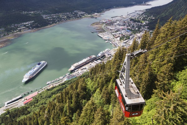 View of the Mount Roberts Tramway above Juneau and cruise ships in Gastineau Channel, Southeast Alaska, Summer by PacificStock