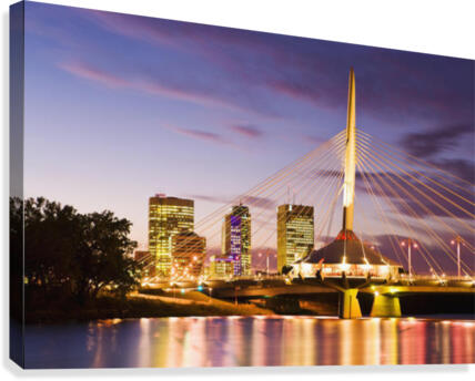 City Skyline, Red River And Provencher Bridge At Dusk, Winnipeg