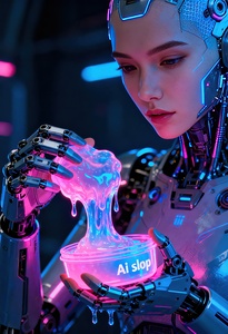 Cyborg Woman Holding Neon Slime Ai Slop