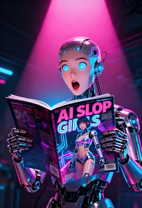 Cyborg Reading AI Slop Magazine