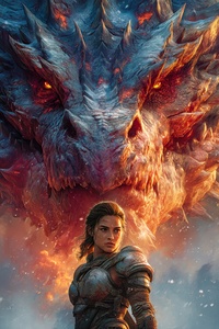 Armored Female Warrior With Colossal Dragon